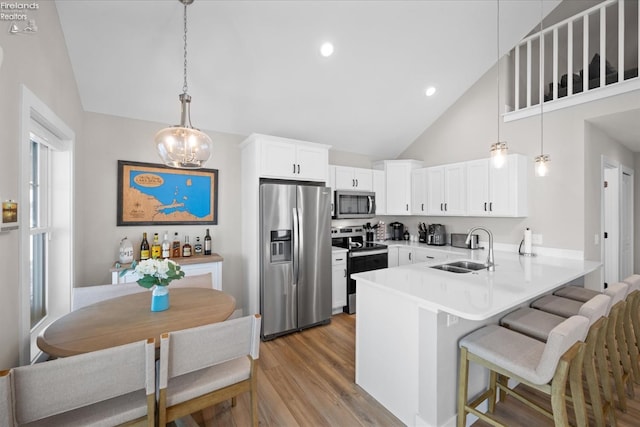 kitchen with a breakfast bar area, a peninsula, wood finished floors, stainless steel appliances, and a sink