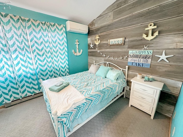 bedroom with lofted ceiling, an AC wall unit, wooden walls, and baseboard heating