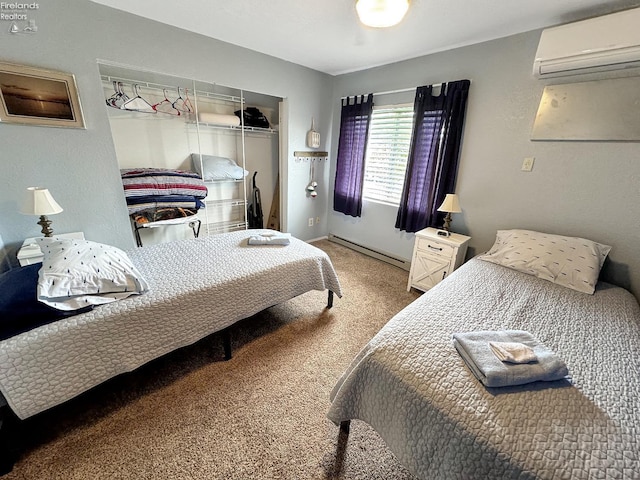 bedroom featuring light carpet, an AC wall unit, a closet, baseboards, and baseboard heating