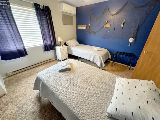 bedroom with carpet flooring, baseboards, baseboard heating, and a wall mounted AC