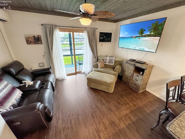 living area with wooden ceiling, a wall mounted air conditioner, ceiling fan, and wood finished floors