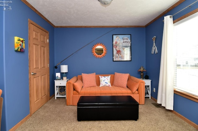 carpeted living area with a textured ceiling, baseboards, and ornamental molding