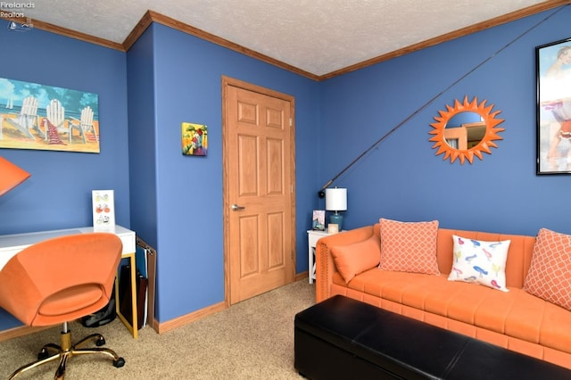 interior space with crown molding, baseboards, and a textured ceiling