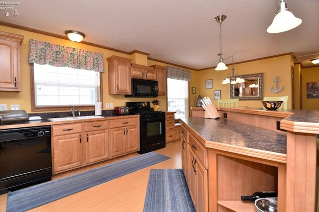 kitchen with dark countertops, a healthy amount of sunlight, light wood-style floors, black appliances, and a sink