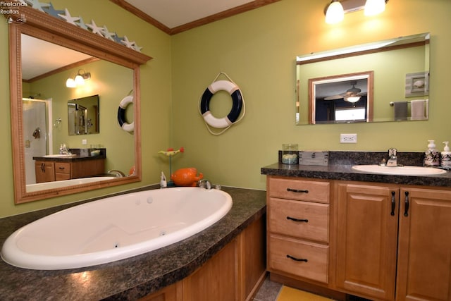 bathroom with a tub with jets, a shower stall, vanity, and ornamental molding