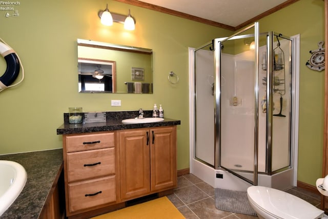 full bathroom with crown molding, toilet, a stall shower, tile patterned floors, and vanity