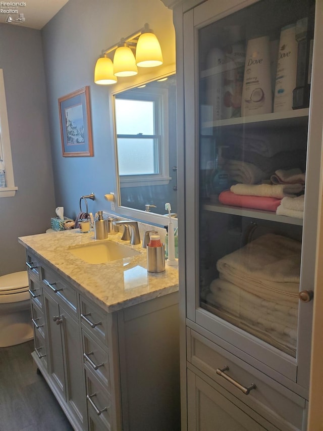 bathroom featuring toilet, wood finished floors, and vanity