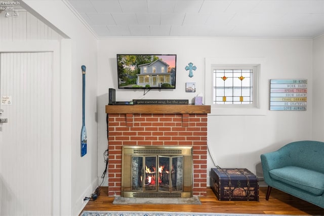 living room with a fireplace, wood finished floors, and ornamental molding