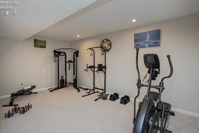 workout room with recessed lighting, baseboards, and carpet