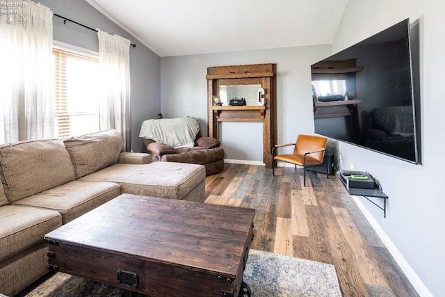 5041 State Route 99, Monroeville, OH 44847 - living room featuring lofted ceiling, wood finished floors, and baseboards