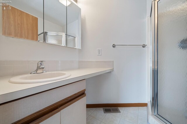 1789 N Windward Dr, Port Clinton, OH 43452 - bathroom with visible vents, backsplash, a stall shower, and vanity