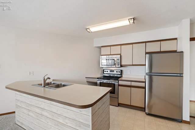 1789 N Windward Dr, Port Clinton, OH 43452 - kitchen with a peninsula, baseboards, appliances with stainless steel finishes, and a sink
