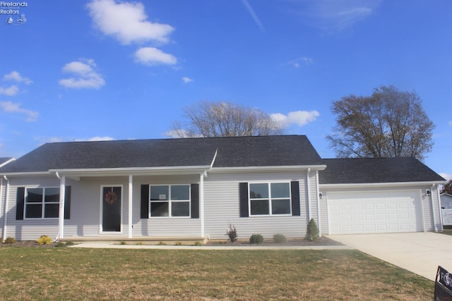 single story home featuring a shingled roof, driveway, a garage, and a front lawn