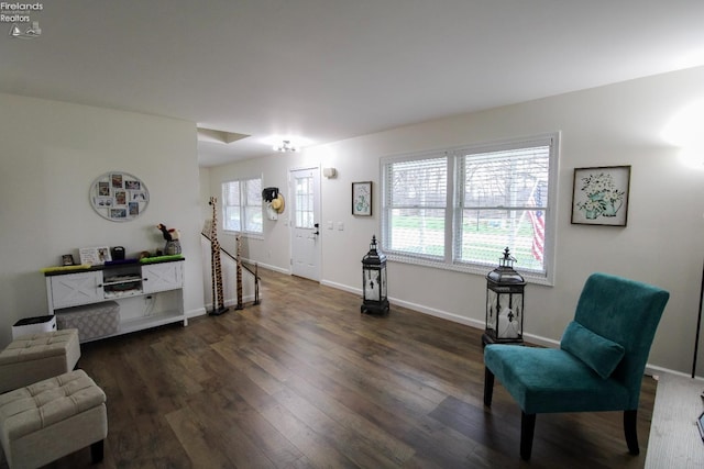 living area featuring baseboards and dark wood-style floors