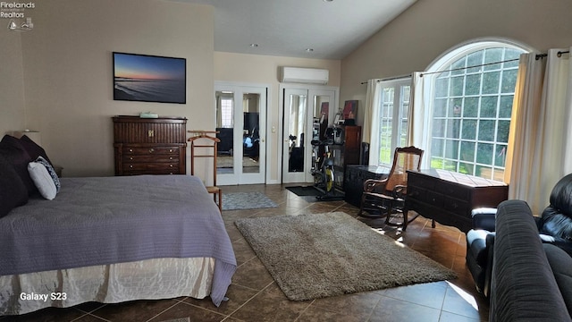 bedroom featuring multiple windows, tile patterned floors, a wall mounted air conditioner, and lofted ceiling