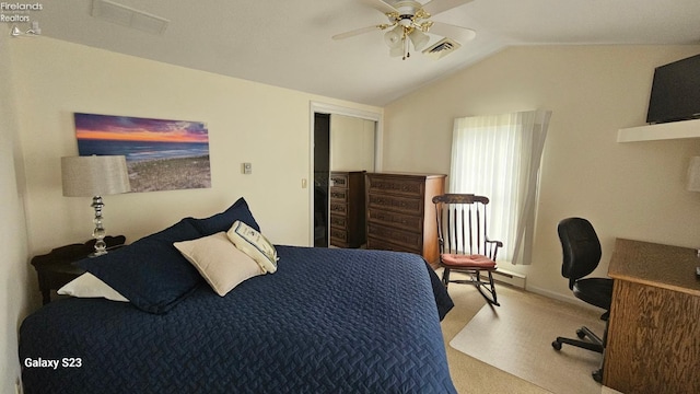 carpeted bedroom with lofted ceiling, visible vents, ceiling fan, and a closet