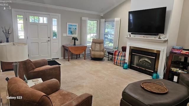 carpeted living room featuring a fireplace with flush hearth, a baseboard radiator, vaulted ceiling, and ornamental molding