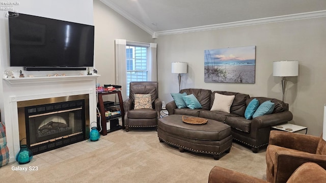 carpeted living room with a fireplace with flush hearth, lofted ceiling, and crown molding