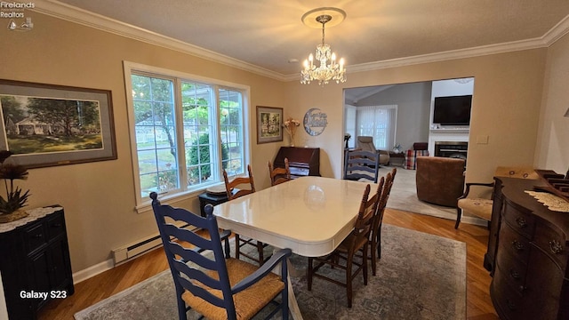 dining space with an inviting chandelier, crown molding, a baseboard heating unit, and wood finished floors