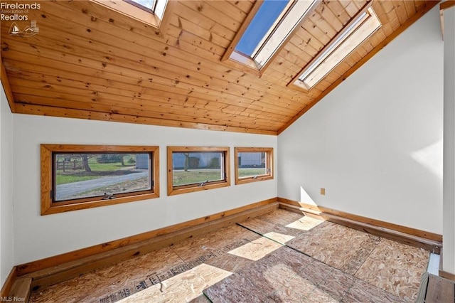 bonus room with baseboards, a wealth of natural light, lofted ceiling with skylight, and wooden ceiling