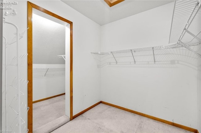walk in closet featuring light colored carpet