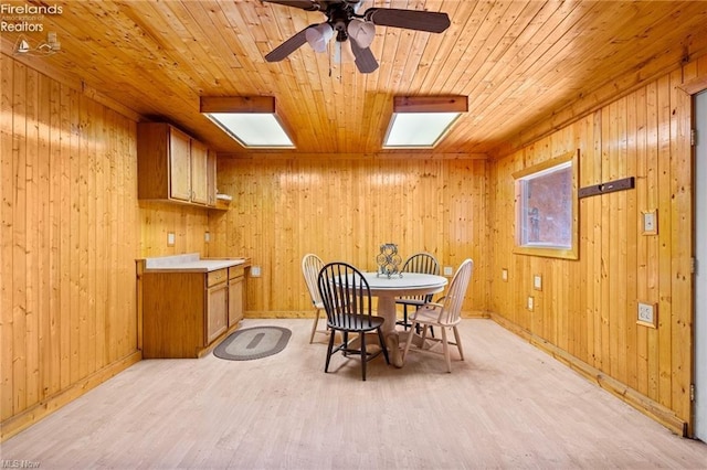 dining room with wooden walls, light wood-style floors, wooden ceiling, and a ceiling fan