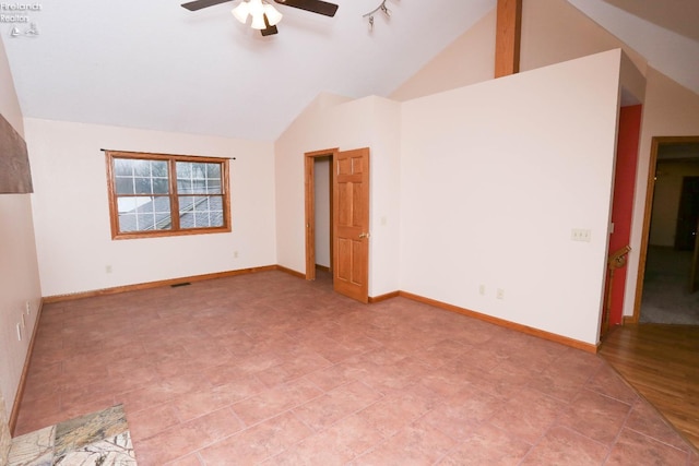 6276 County Road 33, Helena, OH 43435 - empty room featuring high vaulted ceiling, ceiling fan, and baseboards