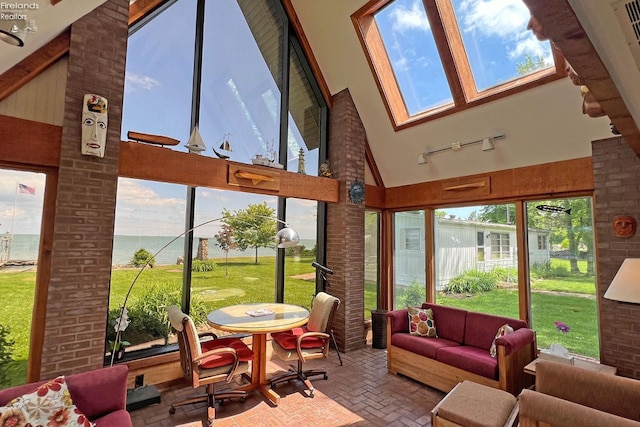 208 Johanna Ln, Kelleys Island, OH 43438 - sunroom with a towering ceiling and brick floor
