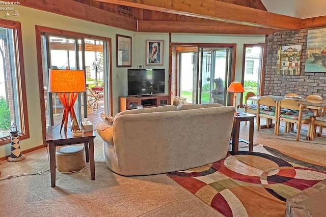 208 Johanna Ln, Kelleys Island, OH 43438 - carpeted living area featuring baseboards and beam ceiling