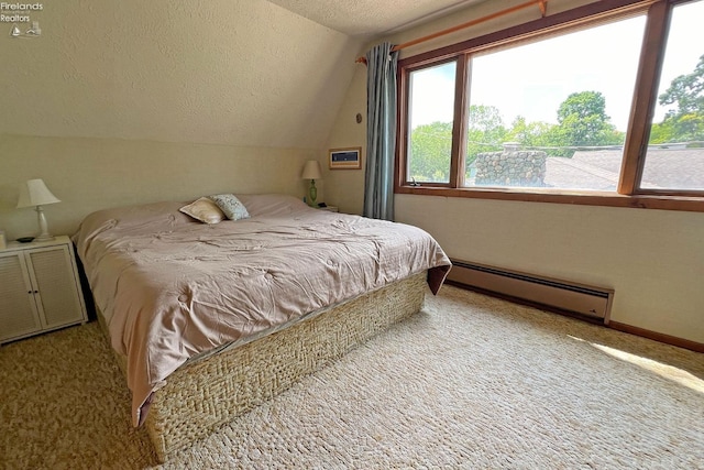 208 Johanna Ln, Kelleys Island, OH 43438 - carpeted bedroom with baseboards, a textured ceiling, vaulted ceiling, and a baseboard heating unit