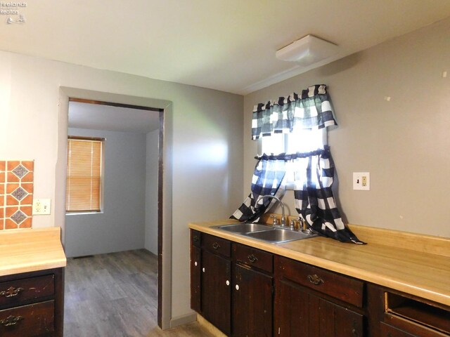29 Walker St, Tiffin, OH 44883 - kitchen with dark brown cabinets, a sink, light wood finished floors, and light countertops