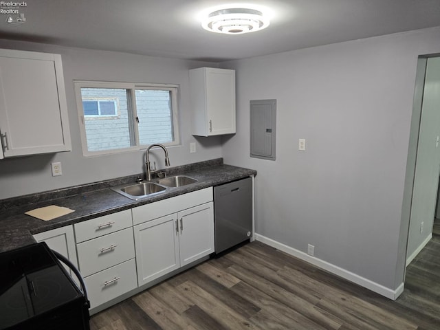kitchen with dishwasher, electric panel, a sink, dark wood-style floors, and black / electric stove