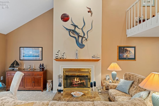 526 Mariner Vlg, Huron, OH 44839 - living room with a glass covered fireplace and high vaulted ceiling