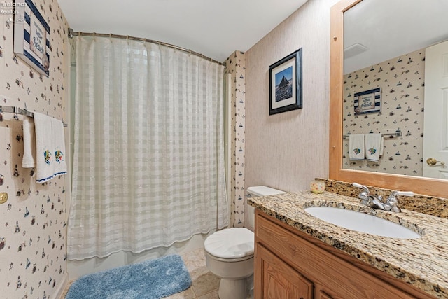 526 Mariner Vlg, Huron, OH 44839 - bathroom featuring vanity, wallpapered walls, tile patterned floors, toilet, and shower / bathtub combination with curtain