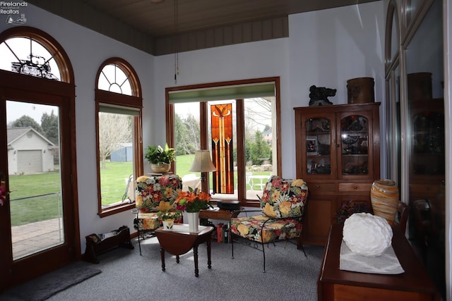 79 Ridgeview Cir, Milan, OH 44846 - living area featuring wooden ceiling and carpet