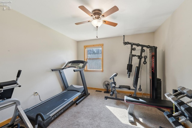 3769 Prospect Rd, New London, OH 44851 - workout area with carpet, baseboards, and a ceiling fan