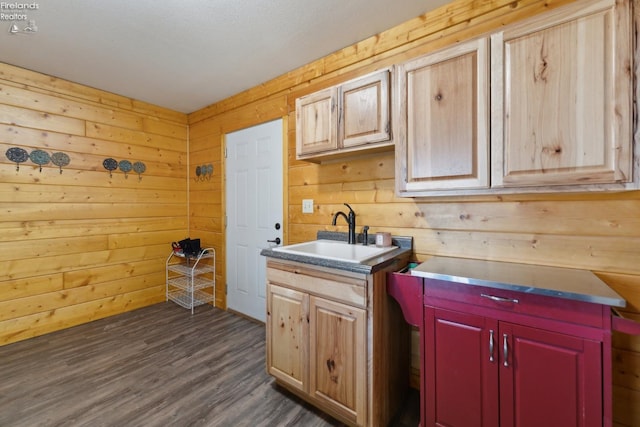 3769 Prospect Rd, New London, OH 44851 - kitchen with wood walls, a sink, and dark wood finished floors