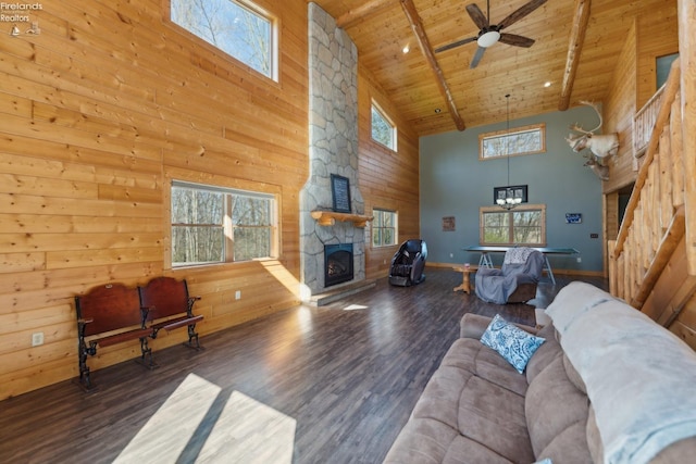 3769 Prospect Rd, New London, OH 44851 - living room with wood walls, high vaulted ceiling, wood finished floors, and wood ceiling
