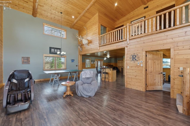 3769 Prospect Rd, New London, OH 44851 - living room featuring high vaulted ceiling, a chandelier, wood finished floors, and wood ceiling