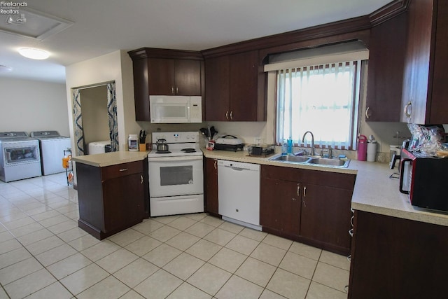 3510 Ohio St, Sandusky, OH 44870 - kitchen with white appliances, dark brown cabinetry, light countertops, a sink, and washer and clothes dryer