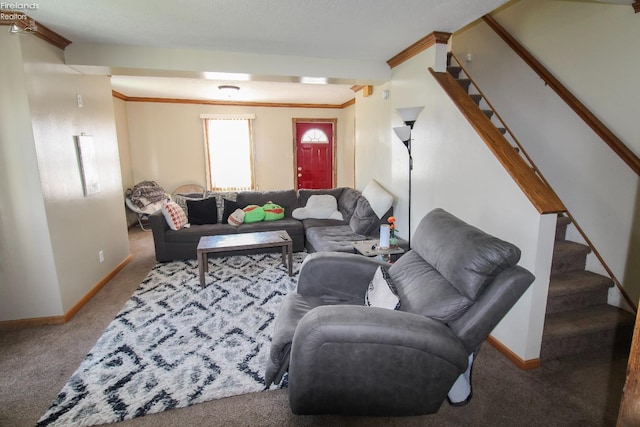 3510 Ohio St, Sandusky, OH 44870 - living room with ornamental molding, carpet floors, baseboards, and stairway