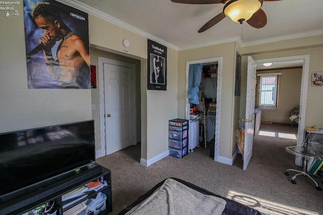 3510 Ohio St, Sandusky, OH 44870 - carpeted bedroom with crown molding, a closet, baseboards, and a ceiling fan