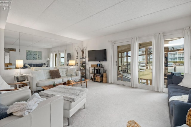 carpeted living room with a textured ceiling