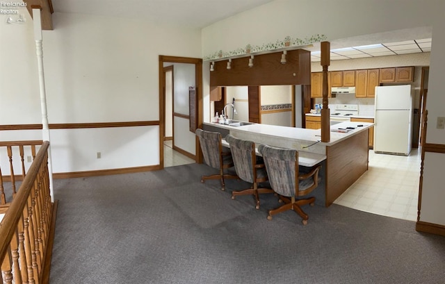 kitchen with brown cabinetry, white appliances, light carpet, and under cabinet range hood