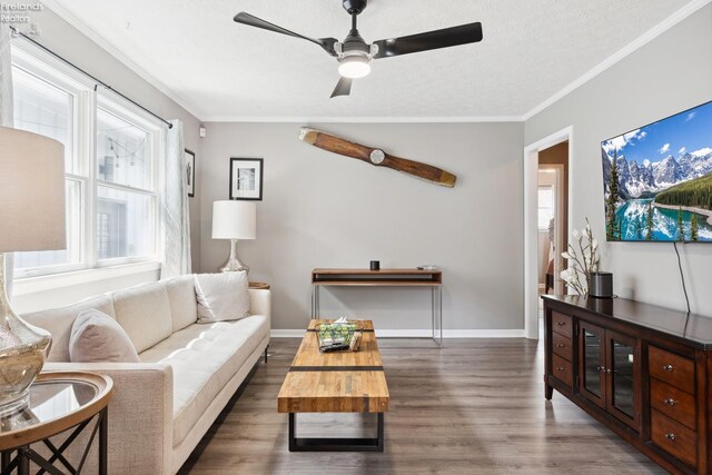 living area featuring wood finished floors, ornamental molding, and a healthy amount of sunlight