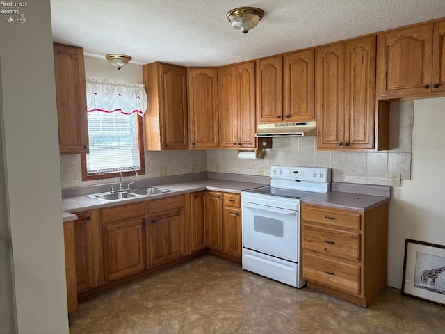 kitchen featuring white electric stove, brown cabinetry, under cabinet range hood, and a sink