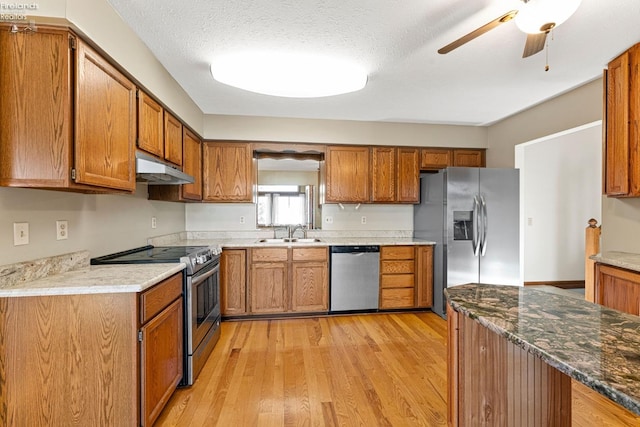 1001 Birchwood Dr, Sandusky, OH 44870 - kitchen with stainless steel appliances, a sink, ceiling fan, brown cabinetry, and under cabinet range hood