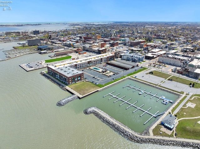 aerial view featuring a water view