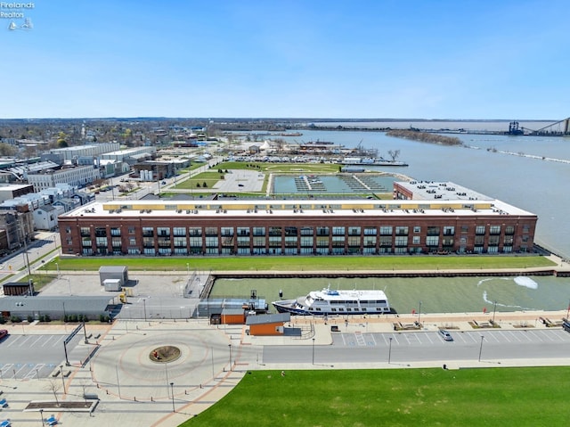 bird's eye view with a water view