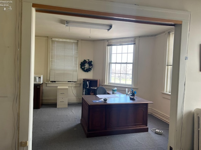 carpeted office space with radiator and baseboards